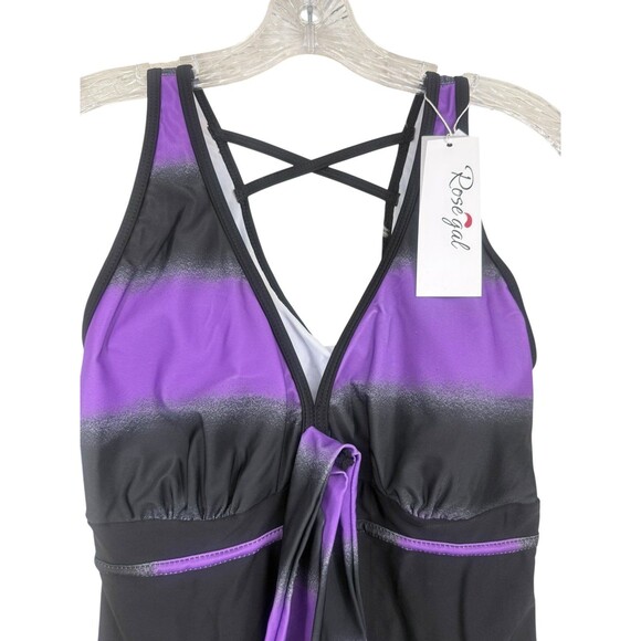 NWT Rosegal Purple & Black Crisscross Swimdress/Top Only Beachcore  Size 14 - Picture 2 of 7